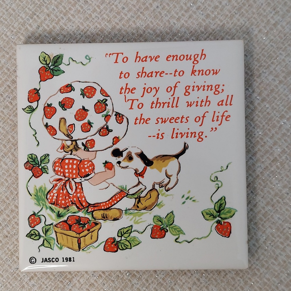 Vintage 1981 Jasco Strawberry‎ Girl Dog Ceramic Tile Trivet Wall Decor 4.25"